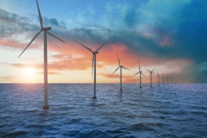 Floating Wind Turbines Installed In Sea. Alternative Energy Sour