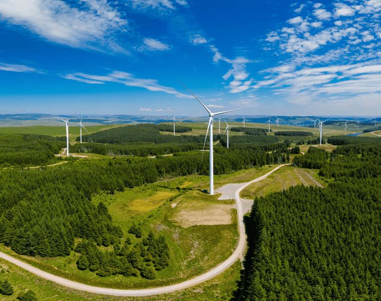 Aerial Drone Panorama Of Turbines At A Large Onshore Windfarm In Wales Scaled